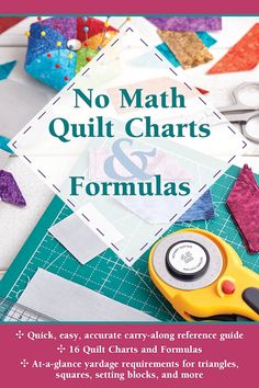 the cover of no math quilt chart and formulas book with scissors, tape measure rulers, and other crafting supplies