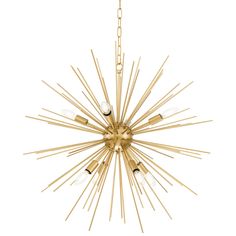 a gold chandelier with six lights hanging from it's center and four arms