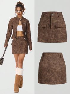 Women's Western Streetwear Cargo Grunge  Vintage Leather Brown Mini Skirts Brown Casual   PU Leather Plain Straight Medium Stretch  Women Clothing, size features are:Bust: ,Length: ,Sleeve Length: Brown Cargo Skirt, Brown Mini Skirt, Long Denim Skirt, Cargo Skirt, Brown Top, Stage Costume, Vintage Leather, Denim Skirt, Womens Bottoms