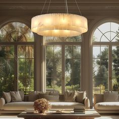 an elegant living room with large windows and chandelier