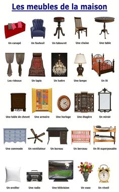 an image of different types of furniture in french and english words on the same page