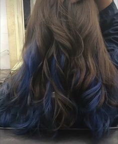 Dark Blue Highlights In Dark Brown Hair, Blue Underlights Hair, Hair Colours For Brunettes Dyes, Half Black Half Blue Hair Underneath, Brown Hair Dark Blue Highlights, Brown And Blue Hair Ombre, Blue Stripes In Brown Hair, Brown Hair And Blue Highlights, Colorful Hair Dye Ideas For Brunettes