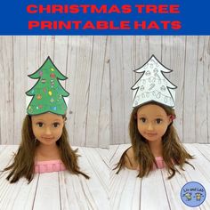 two dolls wearing christmas tree printable hats