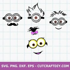 three minion faces with different eyes and mustaches, one is drawn in pencil