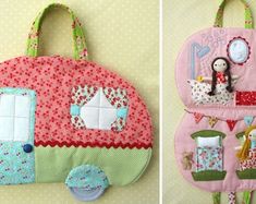 four pictures of different purses made with fabric and appliqued on them