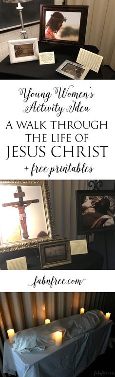 a table with candles and pictures on it in front of a wall that says jesus christ