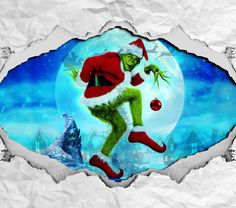 the grinch is running through the air in his santa hat and green pants, with an ornament on it's chest