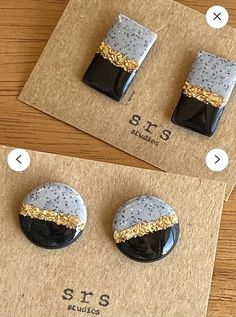 two pictures of black and white buttons with gold glitters on them sitting on a piece of brown paper