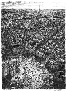 an aerial view of the eiffel tower and surrounding paris, france in black and white