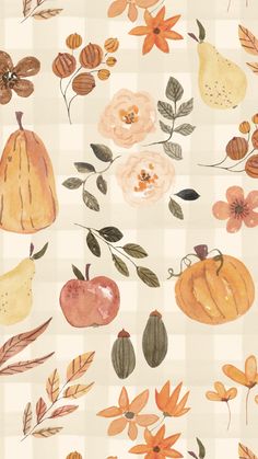 an illustration of fruit and flowers on a checkered background with leaves, acorns, and pomegranates