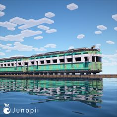 Minecraft build of a turquoise colored Japanese retro train car in the middle of the ocean. Minecraft Subway, Minecraft Train, Japanese Train, Minecraft Japanese, Minecraft Kingdom, Minecraft Steampunk