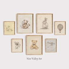 nine framed drawings of animals and balloons on a white wall with the words nure valley art above them