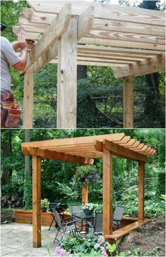 a man is working on a wooden gazebo in the garden with flowers and plants around it