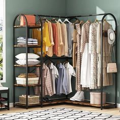 an open closet with clothes hanging on racks and baskets in front of the door, next to a rug