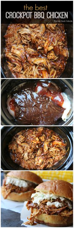 the steps to make pulled pork sandwiches in slow cooker are shown here, and then there is another step by step photo