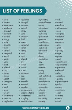 the list of feelings in english with pictures and words to describe it, which includes an image