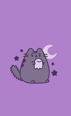 a cat with a ghost on it's back sitting in front of a purple background