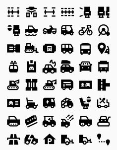 various types of cars and trucks are shown in this black and white icon set,