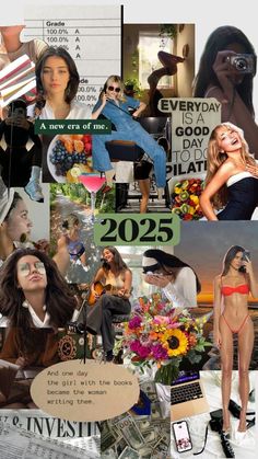 the collage shows many different pictures and words on it, including images of women in bikinis