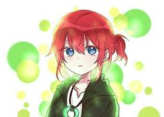 an anime character with red hair and green eyes