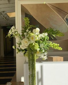 a vase filled with white and green flowers