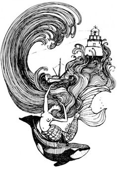 a drawing of a mermaid and a lighthouse