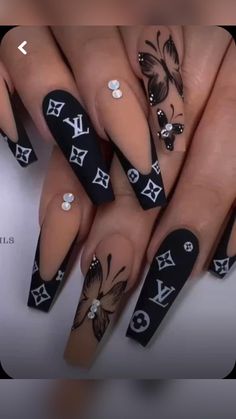 Black And White Nail, Black And White Nail Art, Vision 2024, Long Acrylic Nail Designs, Nails Design With Rhinestones, Cute Acrylic Nail Designs, White Nail Art, Her Nails, Dope Nail Designs