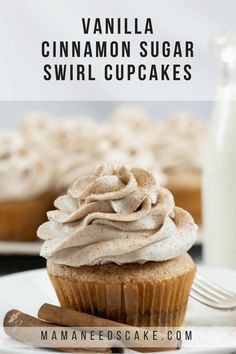 vanilla cinnamon sugar swirl cupcakes on a white plate