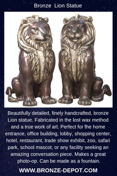 two bronze lions sitting next to each other on top of a blue background with the words bronze