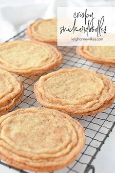 cookies cooling on a wire rack with the words crispy sweet treats written above them