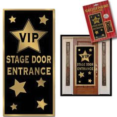 a black and gold sign with stars on it next to a door that says stage door entrance