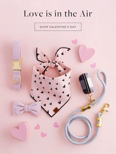 love is in the air shop valentine's day accessories on pink background with hearts