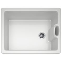 an image of a white sink with no faucet on the bottom and side drain