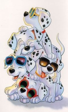 three dalmatian puppies wearing sunglasses on top of each other