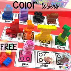 the color towers game is shown with legos on it and free printable cards