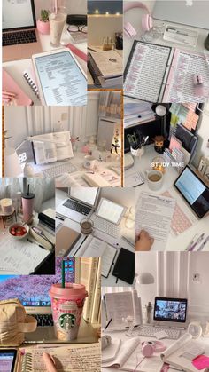 there are many different pictures of laptops and books on the desk together in this collage