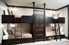 bunk beds with drawers and ladders in a room