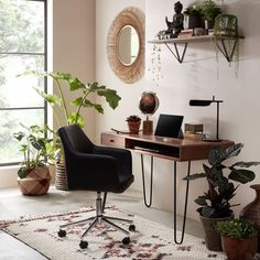 a home office with plants and potted plants