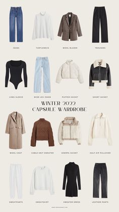 Clothes You Need For Winter, Winter Outfits Capsule Wardrobe 2023, Essentials For Winter Clothing, Korean Winter Capsule Wardrobe, Canada Capsule Wardrobe, Winter Travel Outfit Capsule, Essential Winter Wardrobe, Basics For Winter Wardrobe, Winter Closet Aesthetic