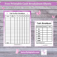 the free printable cash breakdown sheet is shown on a wooden background with butterflies