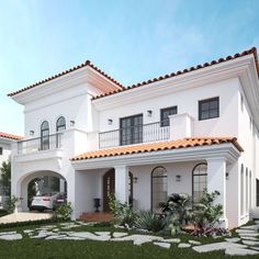 this is an artist's rendering of a house with white stucco and orange tile