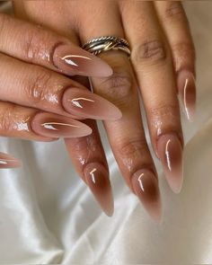 Brown nude aura ombre nails for fall autumn 2024 via @nailedbytaty_ Nice Brown Nails, Brown And Beige Nail Designs, Brown And Grey Nails, Fall Nail Vibes, Neutral Almond Nails With Design, Brown Oval Acrylic Nails, Milky Brown Nails, Aura Nails Brown, Brown And Beige Nails