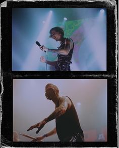 two different shots of a man with tattoos on his arms and legs holding a microphone