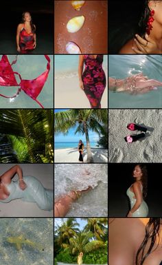 a collage of photos showing different women in bikinis and swimsuits on the beach