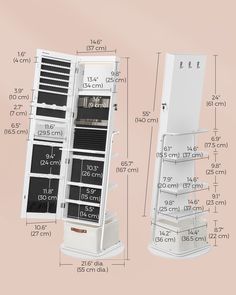 a tall white cabinet with drawers and shelves on it's sides, measurements for each drawer