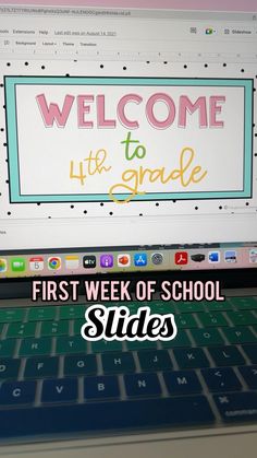 an open laptop computer sitting on top of a desk with the words, welcome life to grade first week of school slides