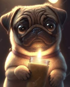 a pug holding a candle in its paws