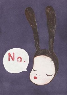 a drawing of a rabbit with a speech bubble in its mouth and the word no written on it