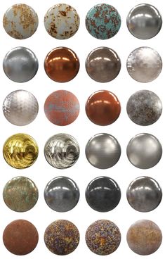 an assortment of different metal objects on a white background