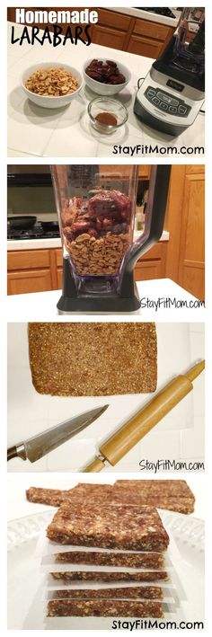 the ingredients for making homemade granola bars are shown in three different stages, including one being